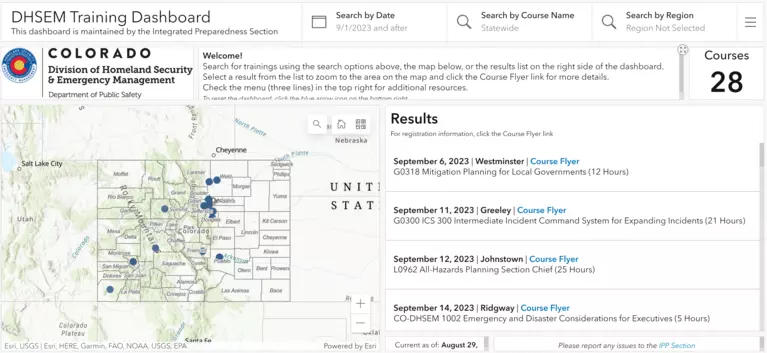 Screenshot of dashboard showing state map with locations of courses and list of schedule